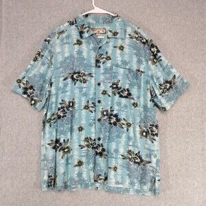 Caribbean Joe Blue Floral Hawaiian Aloha Button Front Casual Beach Shirt Mens L